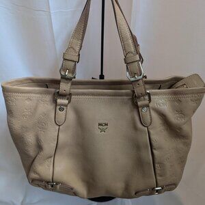 MCM Beige Leather with Embossed Logo Print Handbag